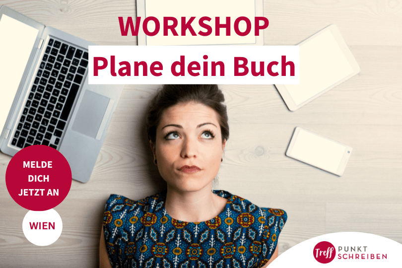 Schreibworkshop Buchnavigator: Dein Weg zur erfolgreichen Buchplanung. Plane dein Buch in zwei Tagen. Live-Workshop in Wien von Treffpunkt Schreiben, Abbildung einer Frau, die auf dem Boden liegt, sie blickt nach oben. Rechts von ihr liegt ein Laptop und Notizbücher.