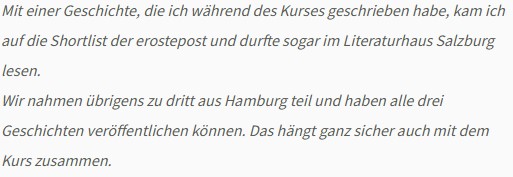 Feedback einer Teilnehmerin zur Voll motiviert! Online-Schreibgruppe für Kurzgeschichten und Schreibwettbewerbe.