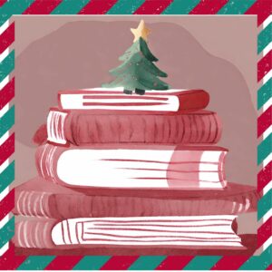 Leseempfehlungen für Weihnachtsgeschichten von Treffpunkt Schreiben, Abbildung: Bücherstapel mit Weihnachtsbaum