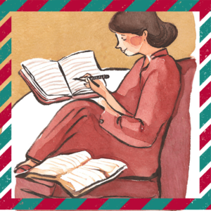 Treffpunkt Schreiben, Weihnachtsgeschichten schreiben, Abbildung: Frau sitzt auf Sofa und schreibt