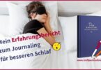 6-Minuten-Schlaftagebuch im Test: Mein Erfahrungsbericht zum Journaling fuer besseren Schlaf: Abbildung zeigt eine schlafende Frau mit Schlafmaske und das blaue Cover des 6-Minuten-Schlaftagebuchs