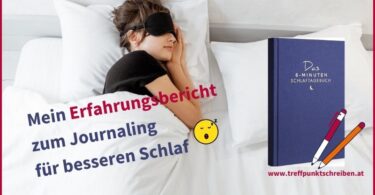 6-Minuten-Schlaftagebuch im Test: Mein Erfahrungsbericht zum Journaling fuer besseren Schlaf: Abbildung zeigt eine schlafende Frau mit Schlafmaske und das blaue Cover des 6-Minuten-Schlaftagebuchs