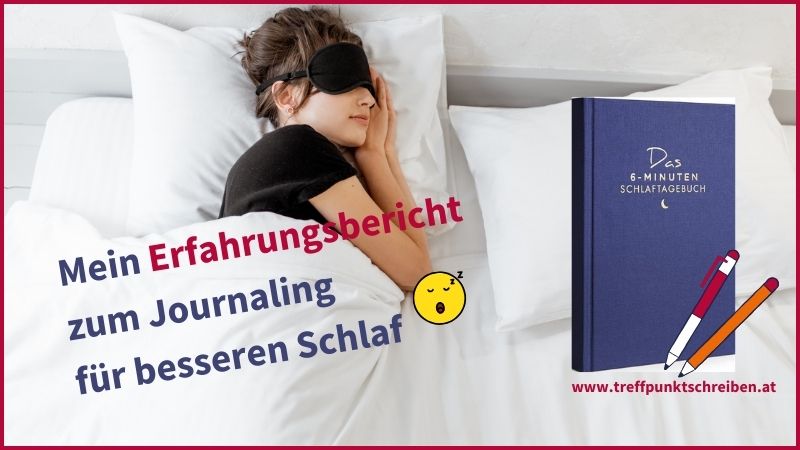 6-Minuten-Schlaftagebuch im Test: Mein Erfahrungsbericht zum Journaling fuer besseren Schlaf: Abbildung zeigt eine schlafende Frau mit Schlafmaske und das blaue Cover des 6-Minuten-Schlaftagebuchs