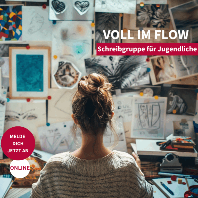 Voll im Flow, Schreibgruppe für Jugendliche, Online, Mede dich jetzt an! Abbildung: junge Frau vor Schreibtisch