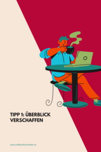 Masterarbeit neben dem Job schreiben. Tipp1 Überblick verschaffen. Abbildung eines jungen Mannes an einem Tisch sitzend mit Notebook und Kaffeetasse