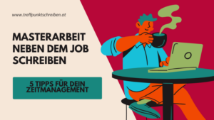 Masterarbeit neben dem Job schreiben, 5 Tipps für dein Zeitmanagement, Grafik eines männlichen Studierenden, der mit Notebook an einem Tisch sitzt mit einer dampfenden Tasse Kaffee in der Hand, Treffpunkt Schreiben