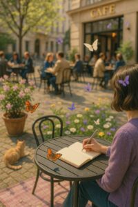 Frau schreibt in ein Notizbuch auf der Terrasse eines Straßencafés im Frühling, umgeben von Schmetterlingen und Blüten.