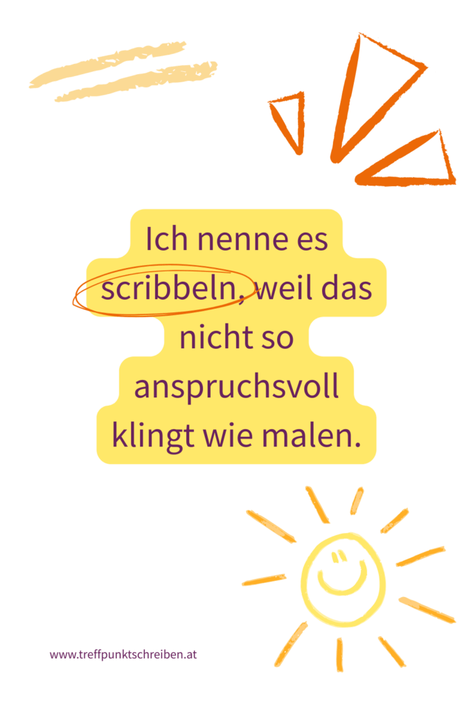 Schreibimpuls Sommer, Treffpunkt Schreiben, Ich nenne es scribbeln, weil das nicht so anspruchsvoll klingt wie malen. Abbildung eine gekrizelten Sonne und Kritzelein in Organe und Gelb