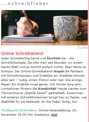 inserat online schreibabend von treffpunkt schreiben in der stadtspionin