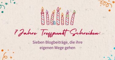 7 Jahre Treffpunkt Schreiben: Sieben Blogbeiträge, die ihre eigenen Wege gehen, Abbildung: Sieben gezeichnete Geburtstagskerzen mit Sonnenbrille, Koffer und Masche zum 7. Geburtstag von Treffpunkt Schreiben
